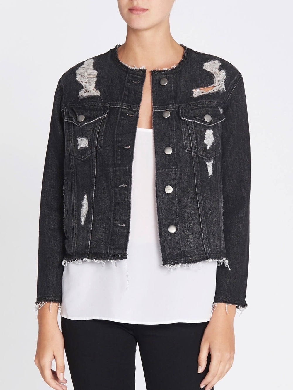 Frame Denim Le Jacket Distressed Raw Edge Jean Jacket Faded Black Small